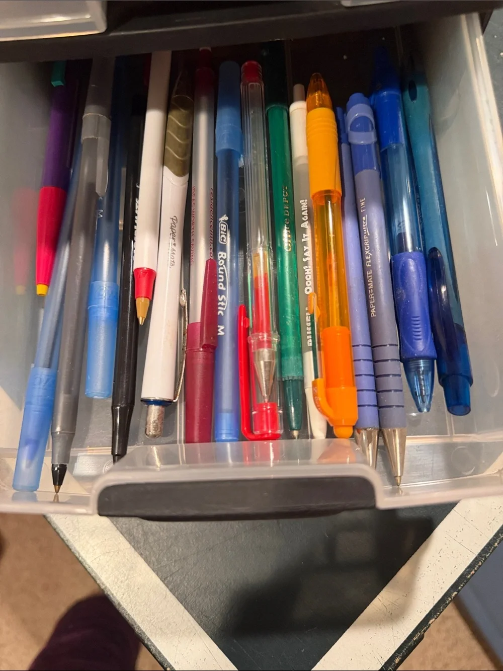 Clear Plastic 3-Drawer Organizer with Poss its, pencils, and pens included